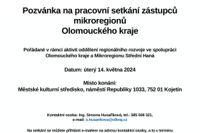 Pozvánka na 24. pracovní setkání zástupců mikroregionů Olomouckého kraje