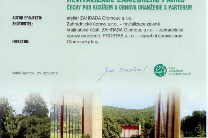 Projekt revitalizace zámeckého parku v Čechách pod Kosířem získal ocenění