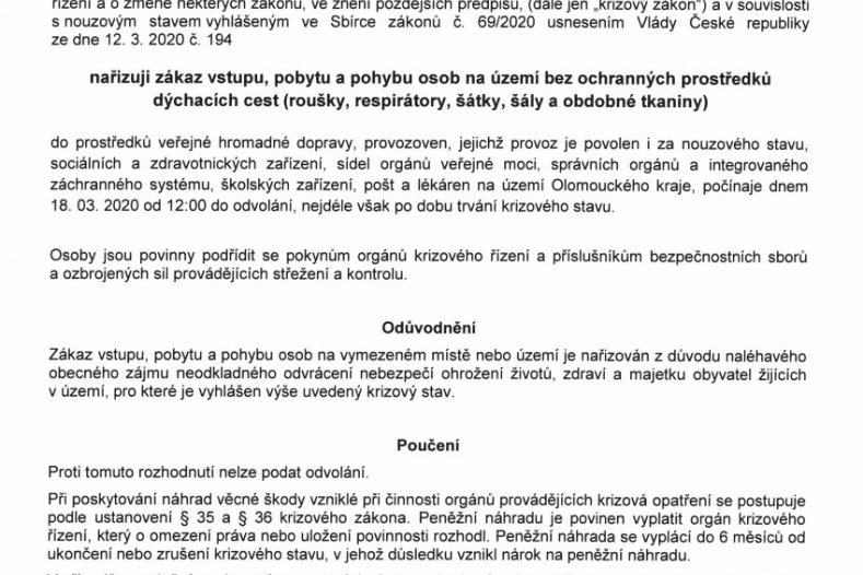 Informace o povinném použití ochranných prostředků