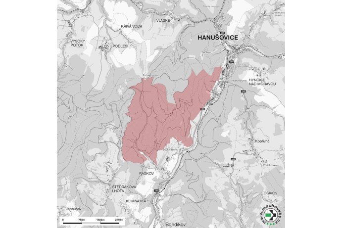 Mapa evropsky významné lokality Hadce a bučiny u Raškova